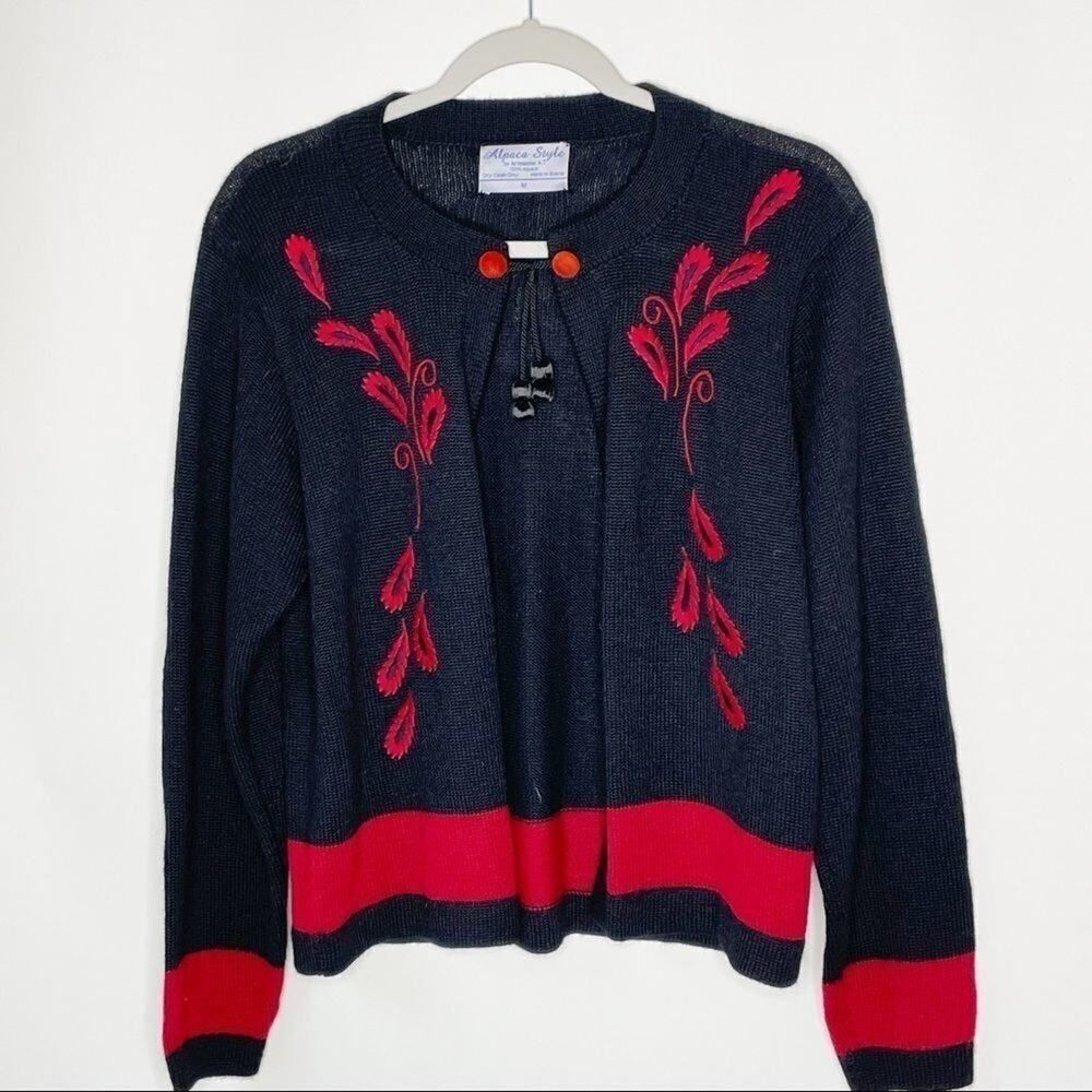 Alpaca Cardigan Sweater Medium Black Red